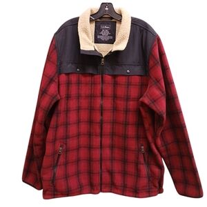 L.L. Bean Fleece Sherpa Lined Red and Black Plaid Shirt Jacket Size XXL Tall